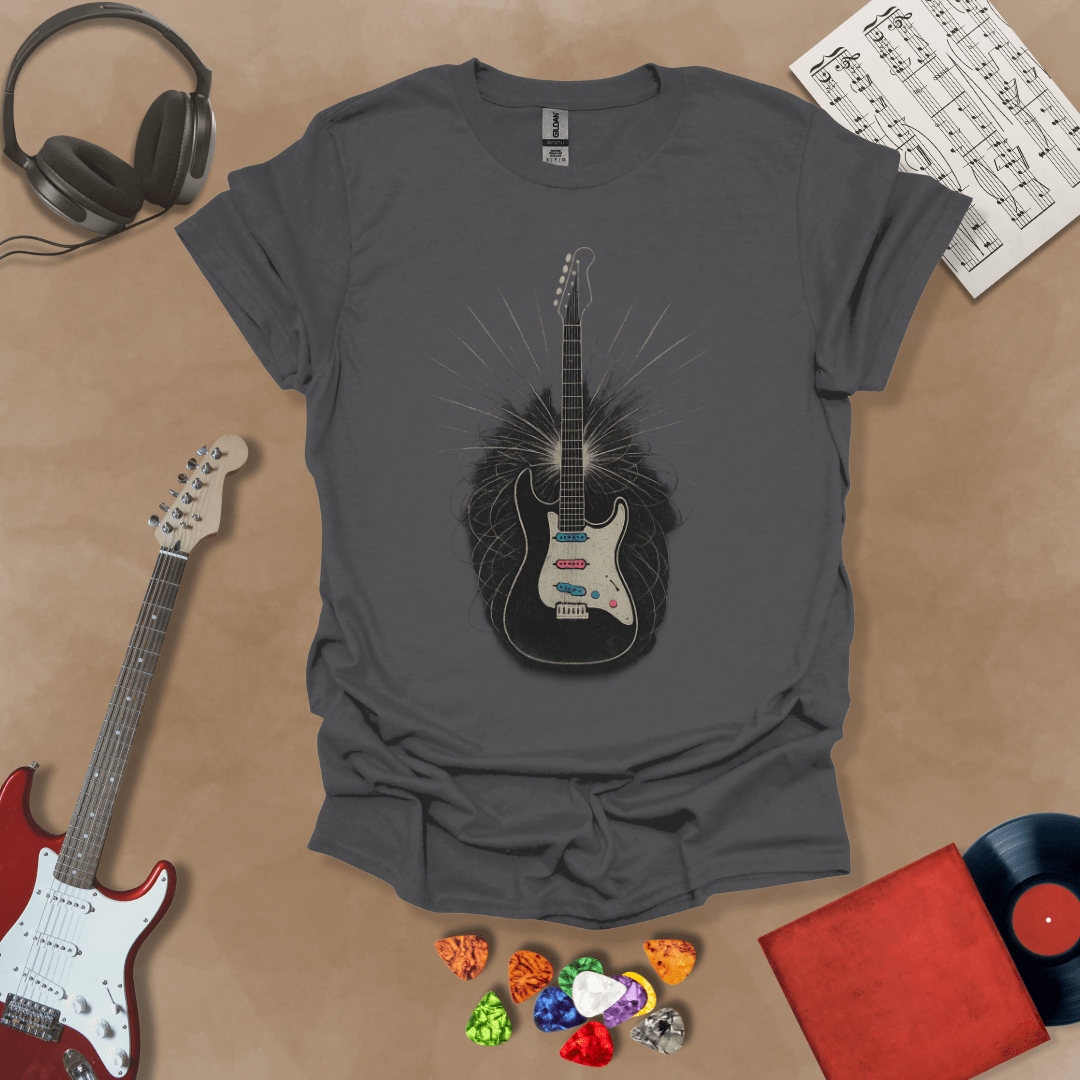 Gray T-Shirt with High-contrast abstract electric guitar illustration with white chaos lines and neon accents, designed to pop on dark shirts like black, navy, and charcoal.