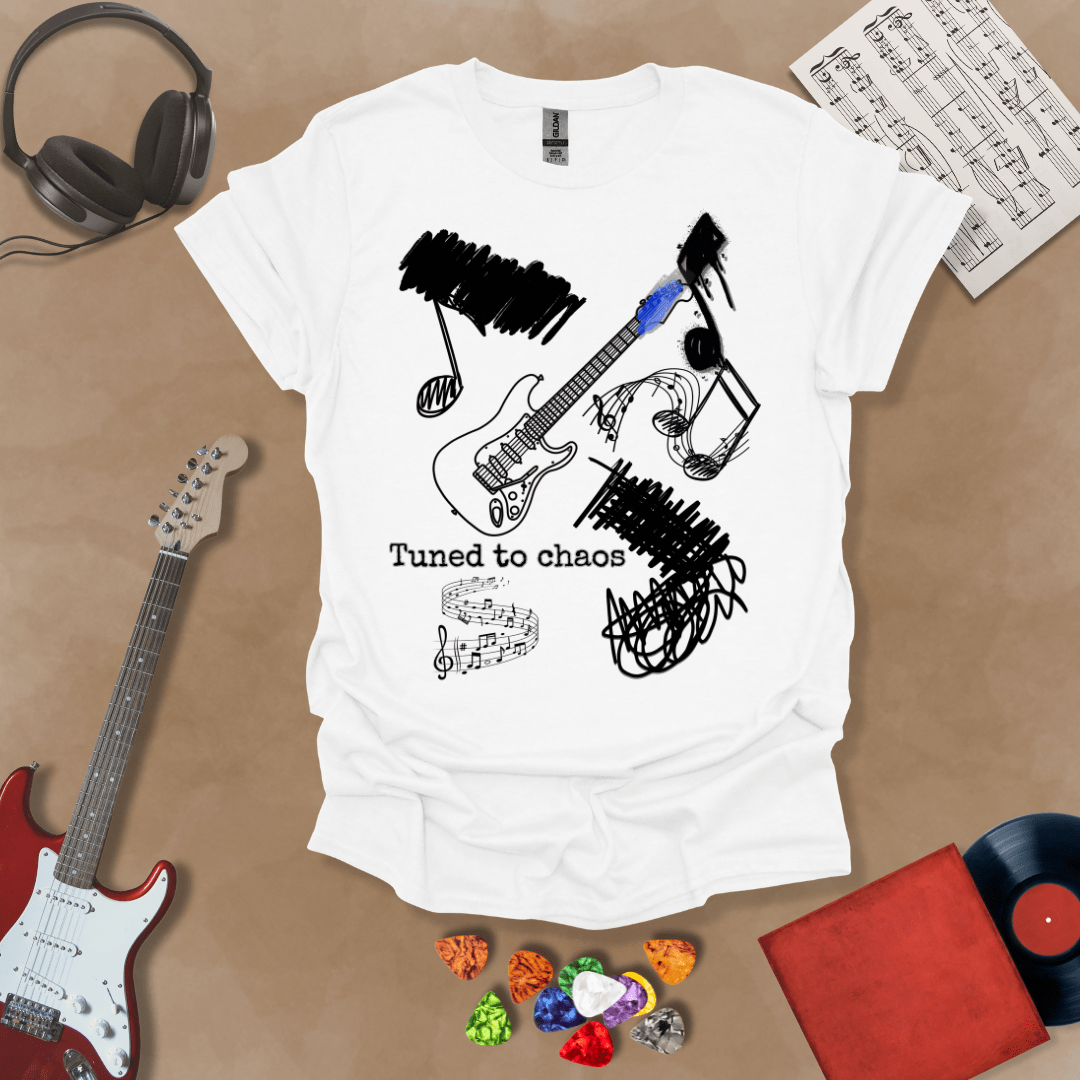 White t-shirt with Grunge-style electric guitar design with chaotic abstract lines and the phrase “Tuned to Chaos,” optimized for light shirts like white and sand.