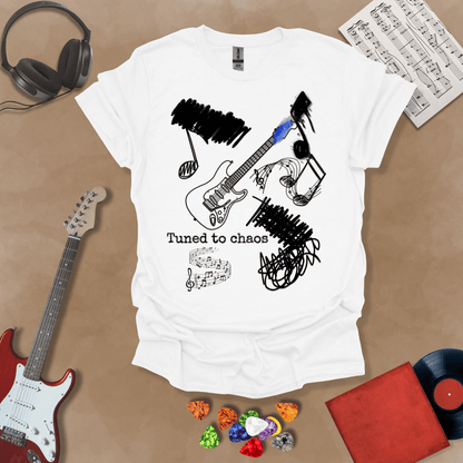 White t-shirt with Grunge-style electric guitar design with chaotic abstract lines and the phrase “Tuned to Chaos,” optimized for light shirts like white and sand.