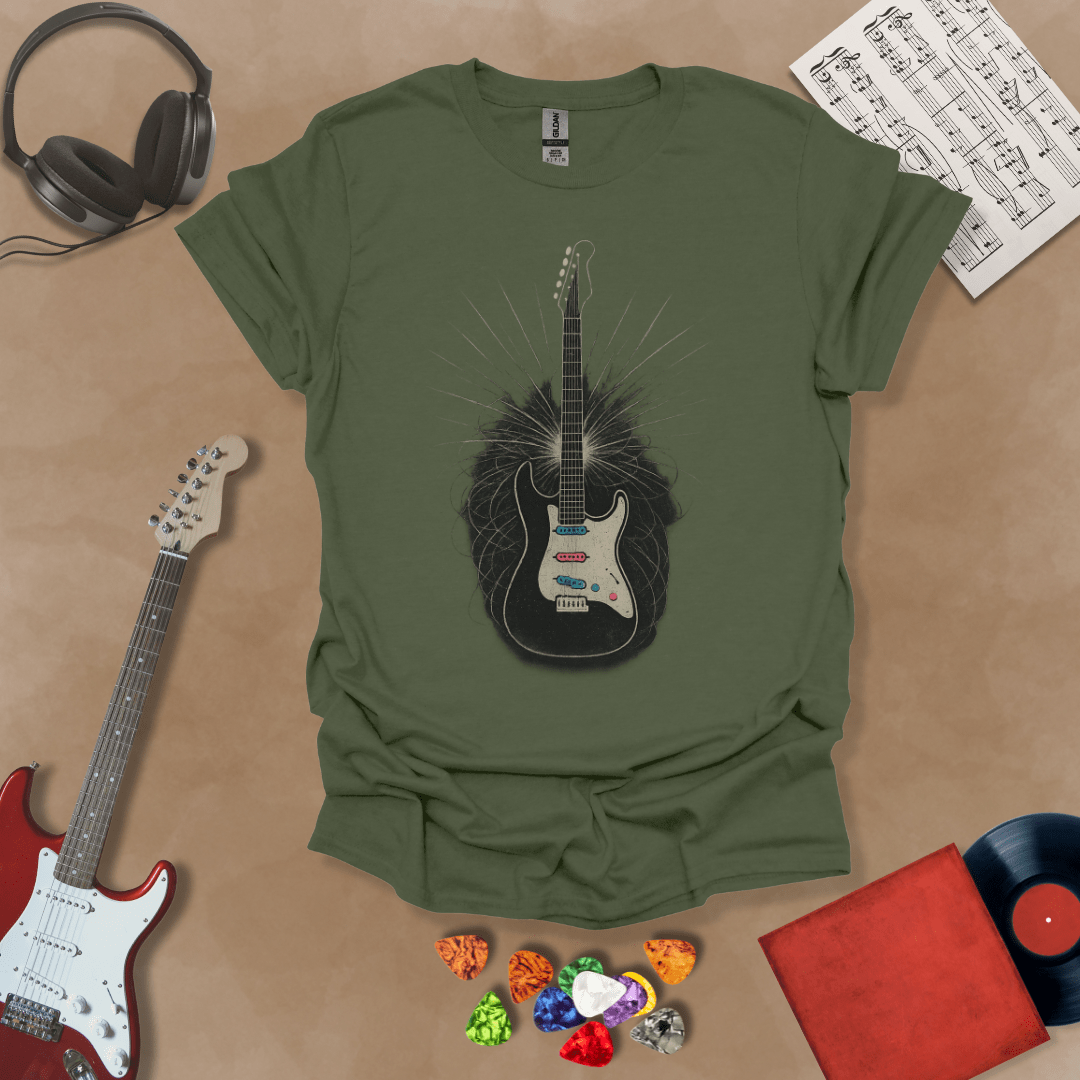 Green T-Shirt with High-contrast abstract electric guitar illustration with white chaos lines and neon accents, designed to pop on dark shirts like black, navy, and charcoal.