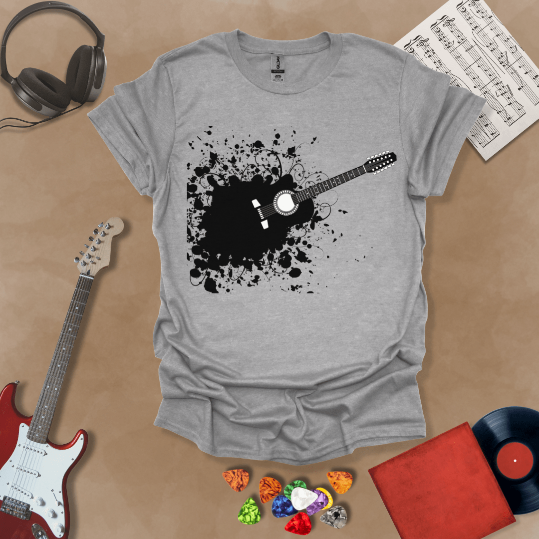 Gray t-shirt with Abstract splatter-style electric guitar design with six strings exploding outward, bold and edgy graphic.