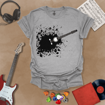 Gray t-shirt with Abstract splatter-style electric guitar design with six strings exploding outward, bold and edgy graphic.