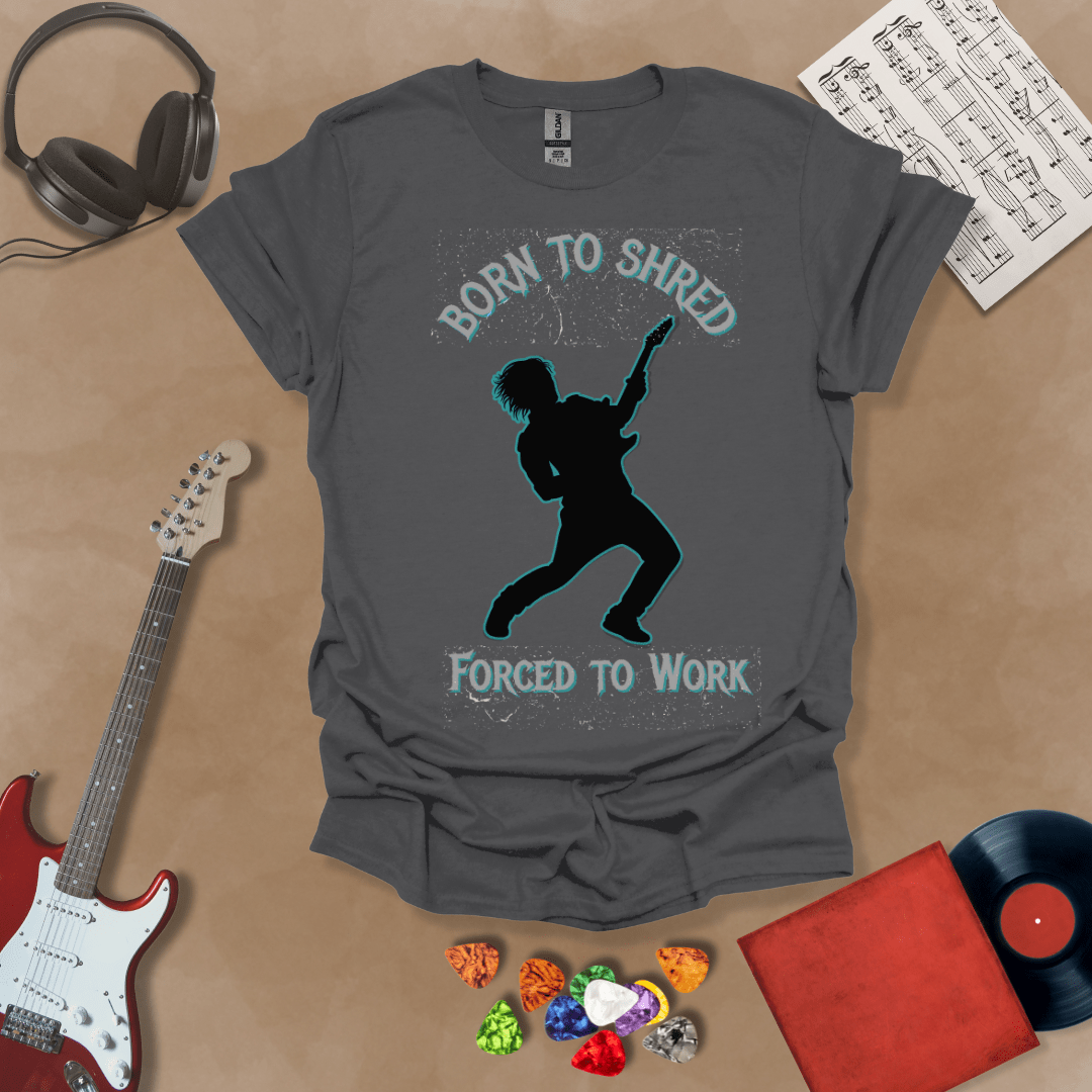 Gray t-shirt with Silhouette of a guitarist rocking out with glowing neon accents, framed by the text 'Born to Shred, Forced to Work' in bold distressed lettering.