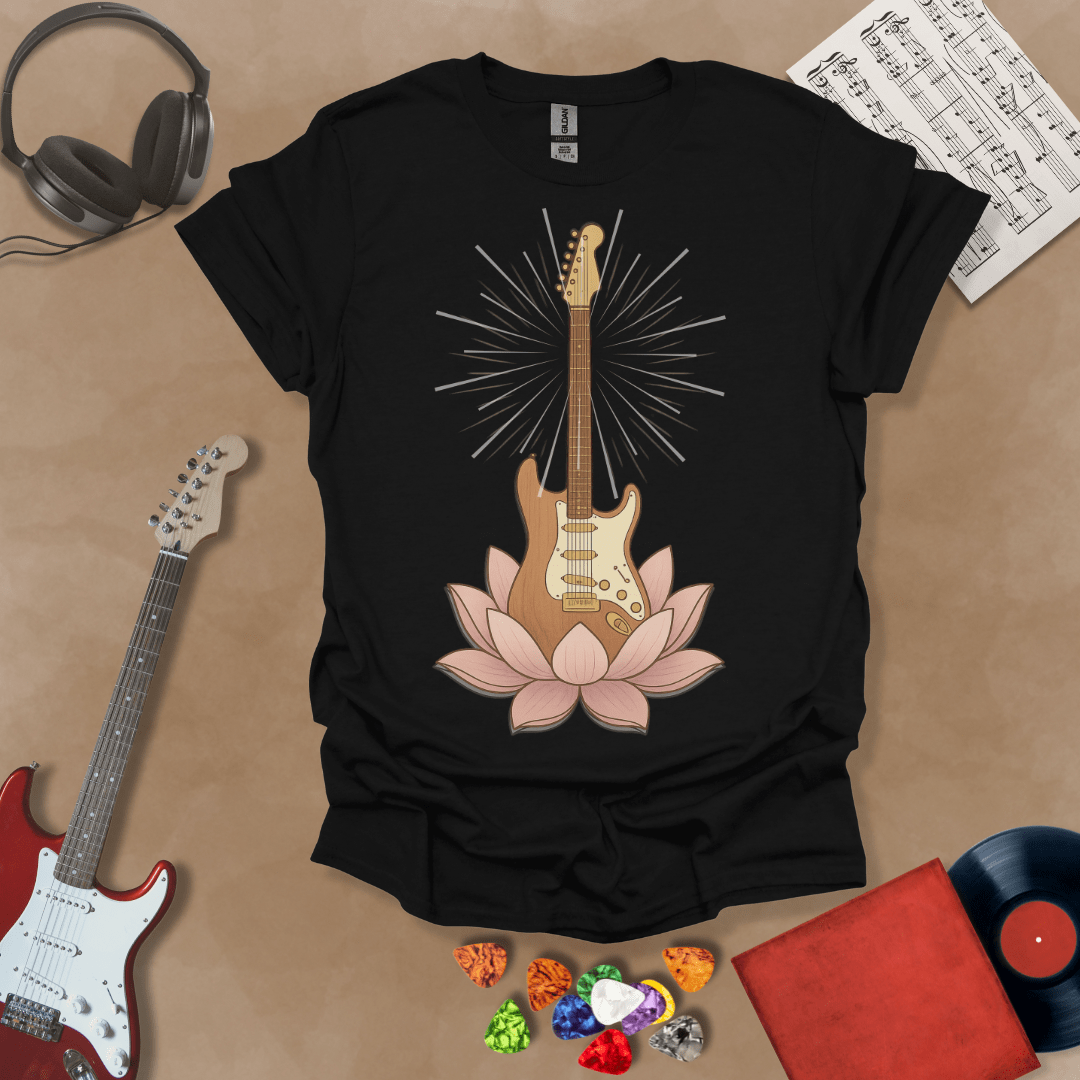 Black t-Shirt with Electric guitar rising from a pink lotus flower with radiant light beams, symbolic fusion of rock music and spiritual harmony.