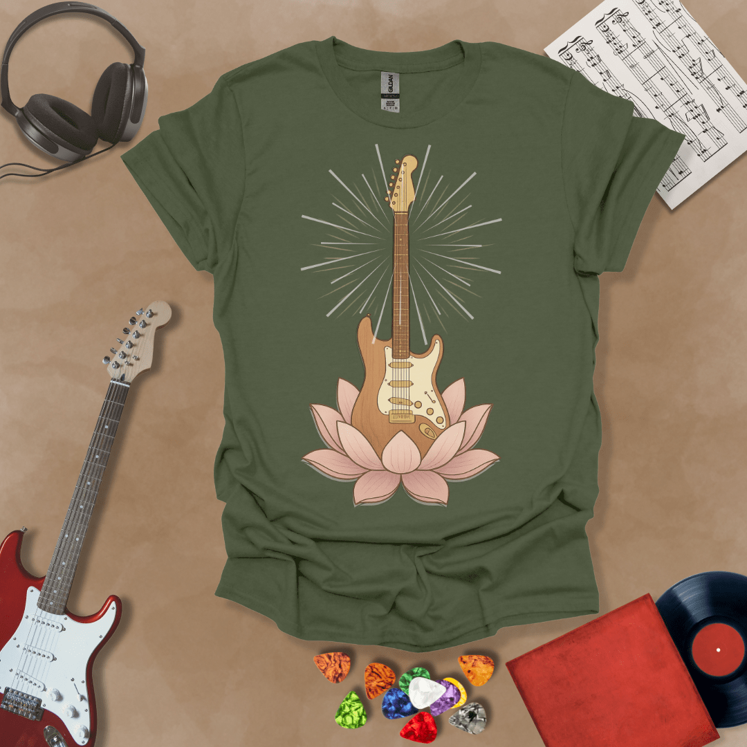 Green t-Shirt with Electric guitar rising from a pink lotus flower with radiant light beams, symbolic fusion of rock music and spiritual harmony.
