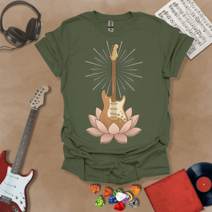 Green t-Shirt with Electric guitar rising from a pink lotus flower with radiant light beams, symbolic fusion of rock music and spiritual harmony.
