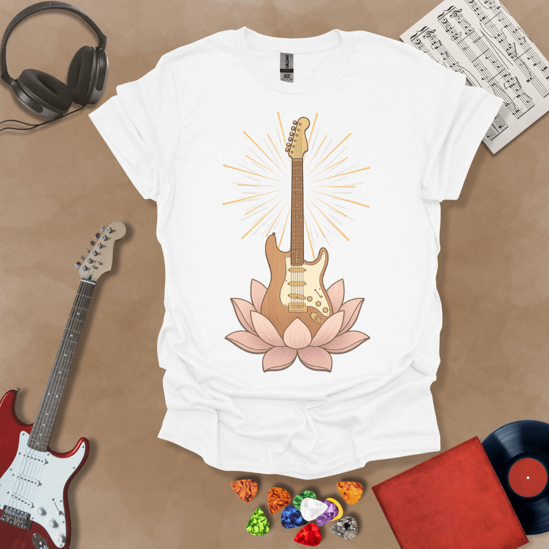 What t-Shirt with Electric guitar rising from a pink lotus flower with radiant light beams, symbolic fusion of rock music and spiritual harmony.