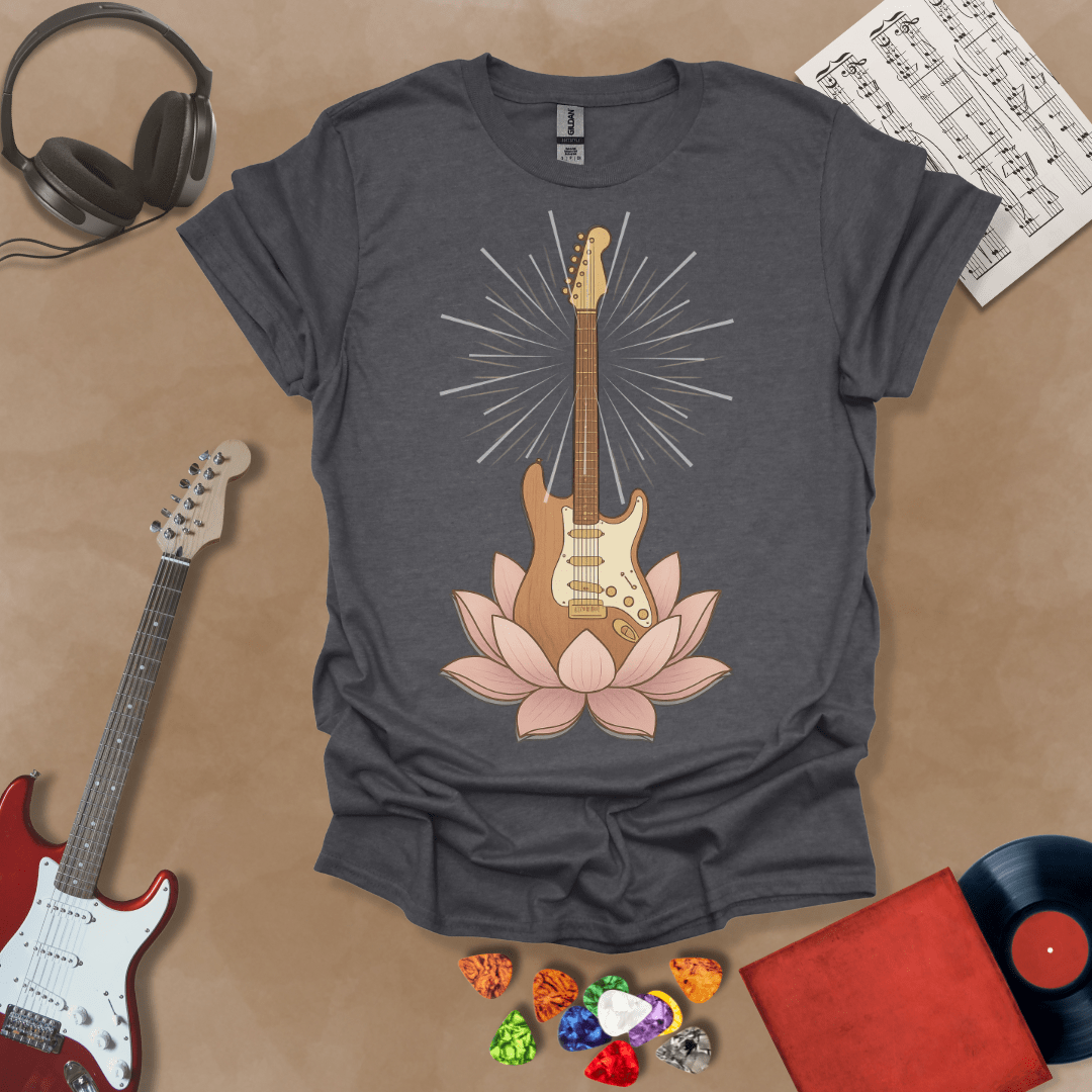 Heather Gray t-Shirt with Electric guitar rising from a pink lotus flower with radiant light beams, symbolic fusion of rock music and spiritual harmony.