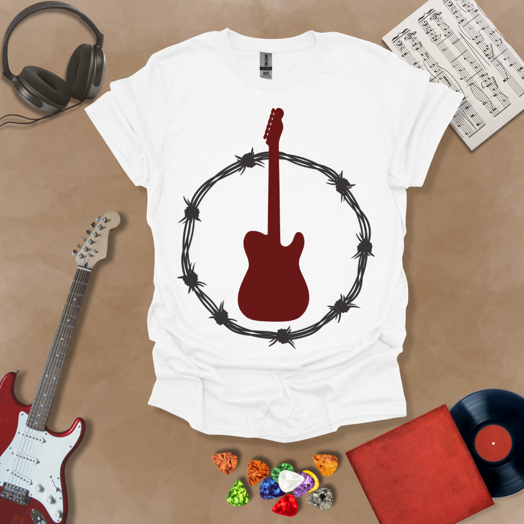 White t-shirt with Blood-red electric guitar framed in black barbed wire with white glow, edgy rock design made for light shirts