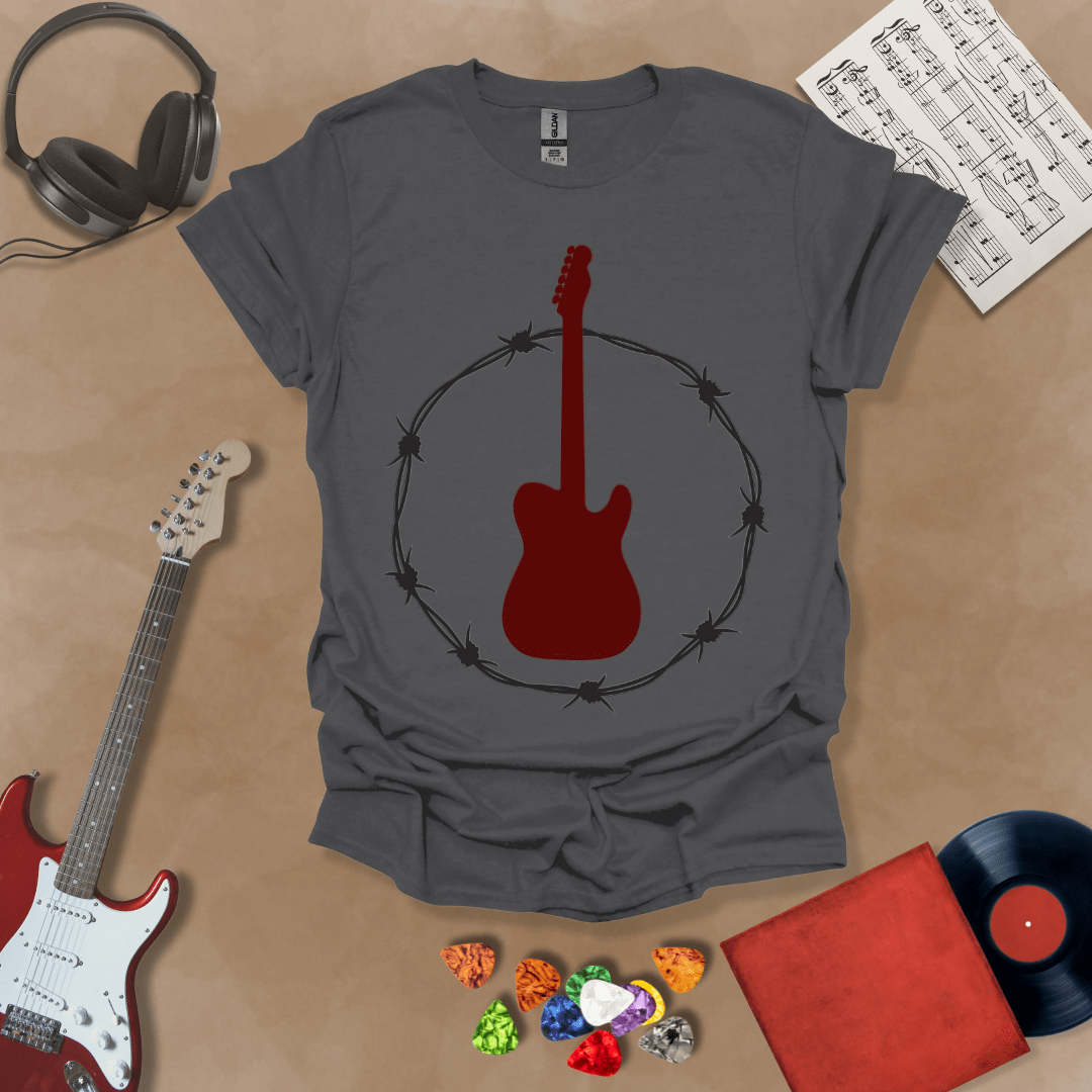 Gray t-shirt with Blood-red electric guitar glowing inside a circle of metallic barbed wire, bold rock graphic for dark shirts.