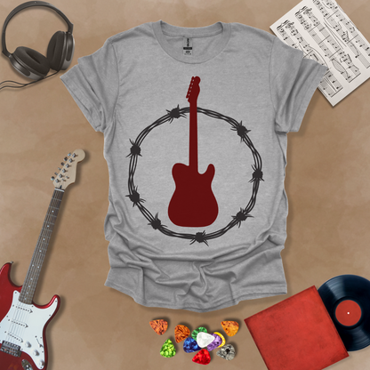 Gray t-shirt with Blood-red electric guitar framed in black barbed wire with white glow, edgy rock design made for light shirts
