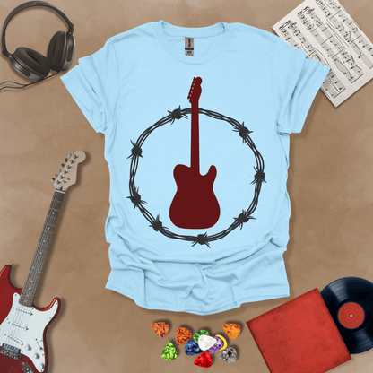 Light blue t-shirt with Blood-red electric guitar framed in black barbed wire with white glow, edgy rock design made for light shirts