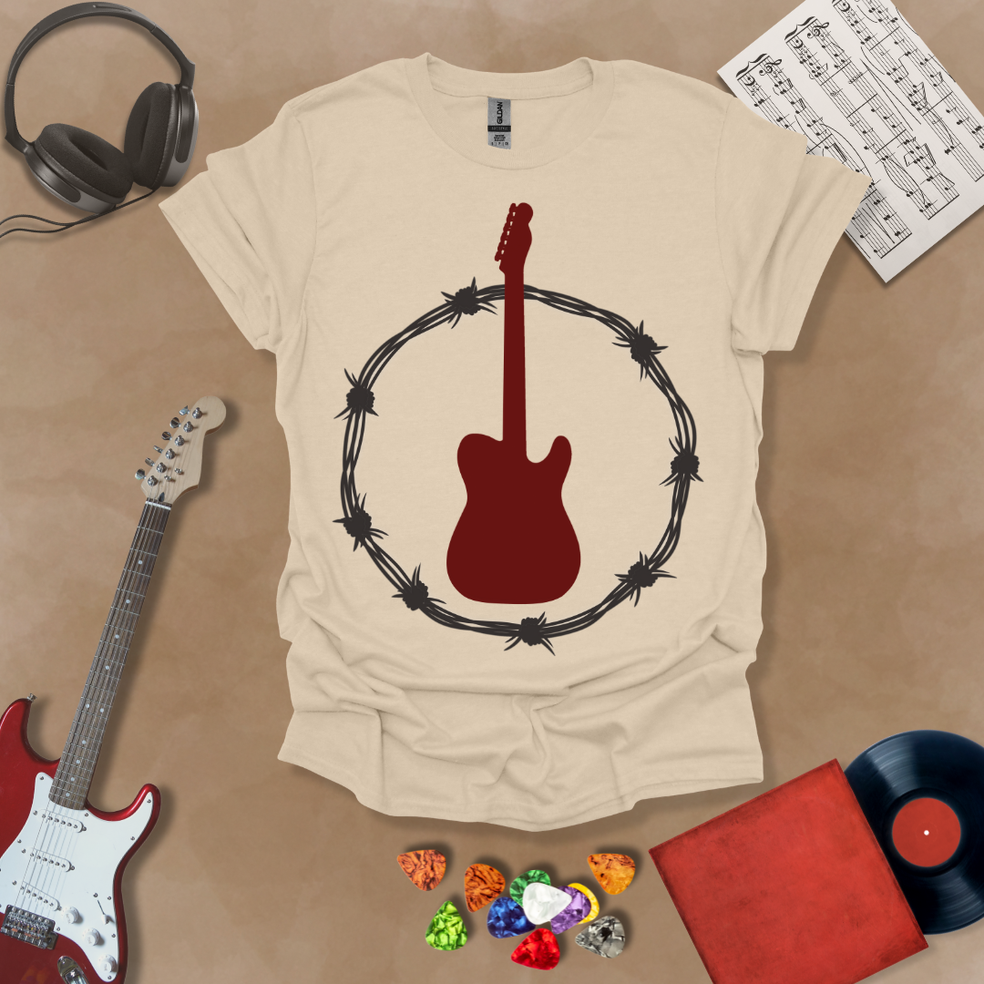 Beige t-shirt with Blood-red electric guitar framed in black barbed wire with white glow, edgy rock design made for light shirts