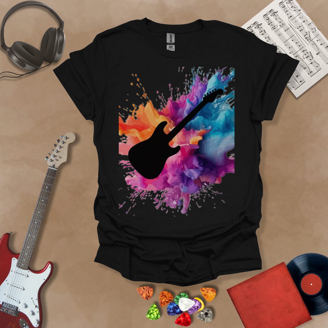 Black t-shirt with Bold guitar silhouette with multicolor paint splash burst, outlined for contrast. Abstract rock-inspired design for dark shirts.
