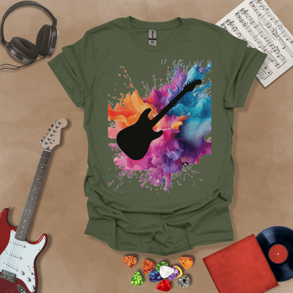 Green t-shirt with Bold guitar silhouette with multicolor paint splash burst, outlined for contrast. Abstract rock-inspired design for dark shirts.