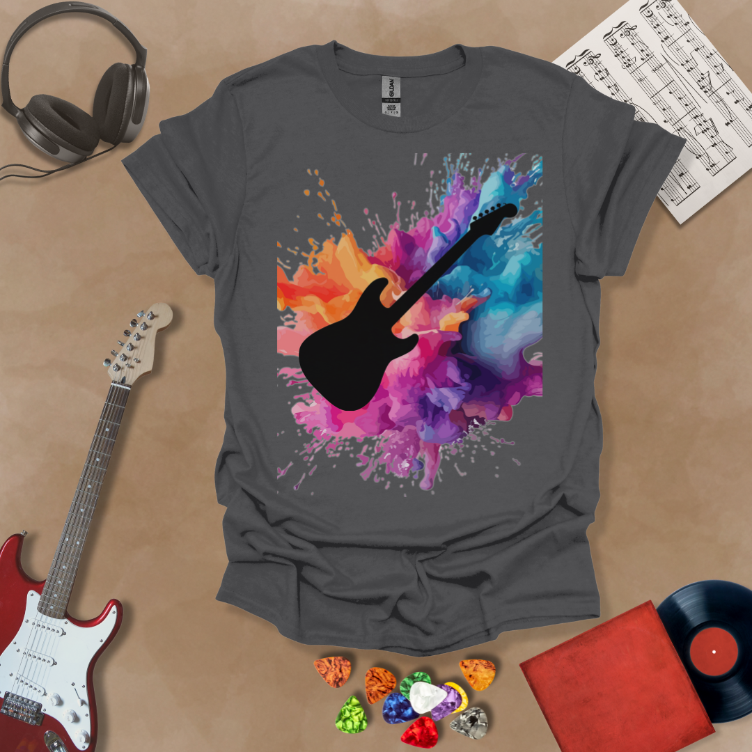 Charcoal t-shirt with Bold guitar silhouette with multicolor paint splash burst, outlined for contrast. Abstract rock-inspired design for dark shirts.