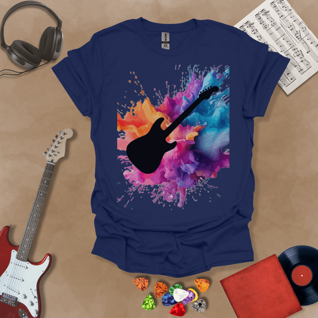 Navy t-shirt with Bold guitar silhouette with multicolor paint splash burst, outlined for contrast. Abstract rock-inspired design for dark shirts.