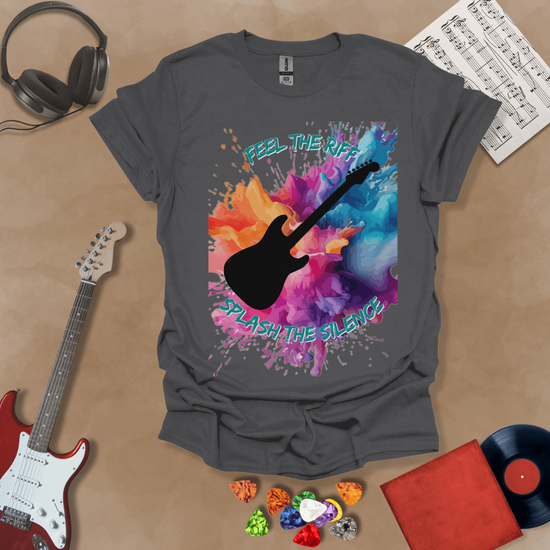Gray -shirt with Black electric guitar silhouette with vibrant paint splash explosion in orange, pink, purple, and blue. Text reads ‘Feel the Riff, Splash the Silence.