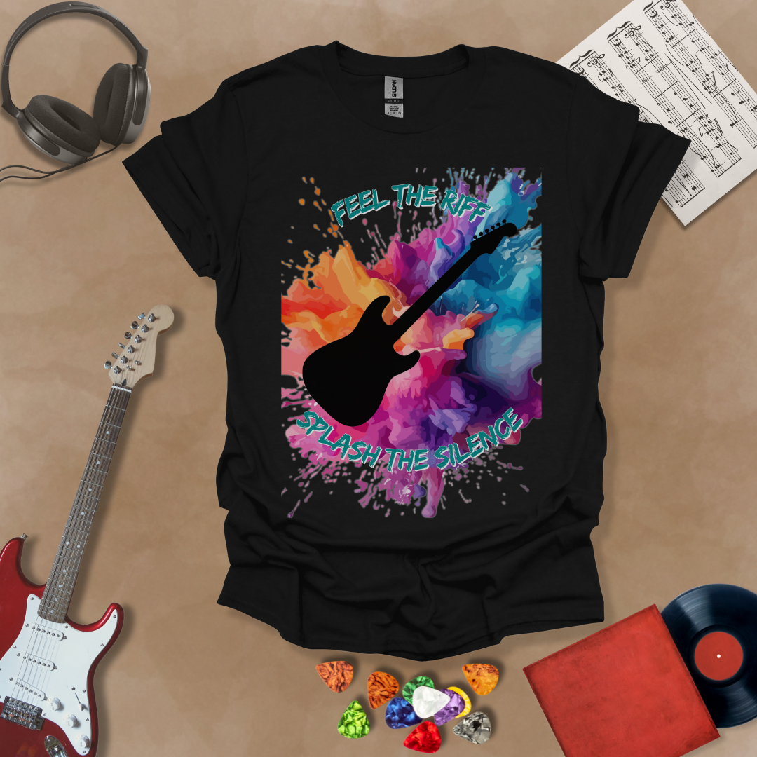 Black T-shirt with Black electric guitar silhouette with vibrant paint splash explosion in orange, pink, purple, and blue. Text reads ‘Feel the Riff, Splash the Silence.
