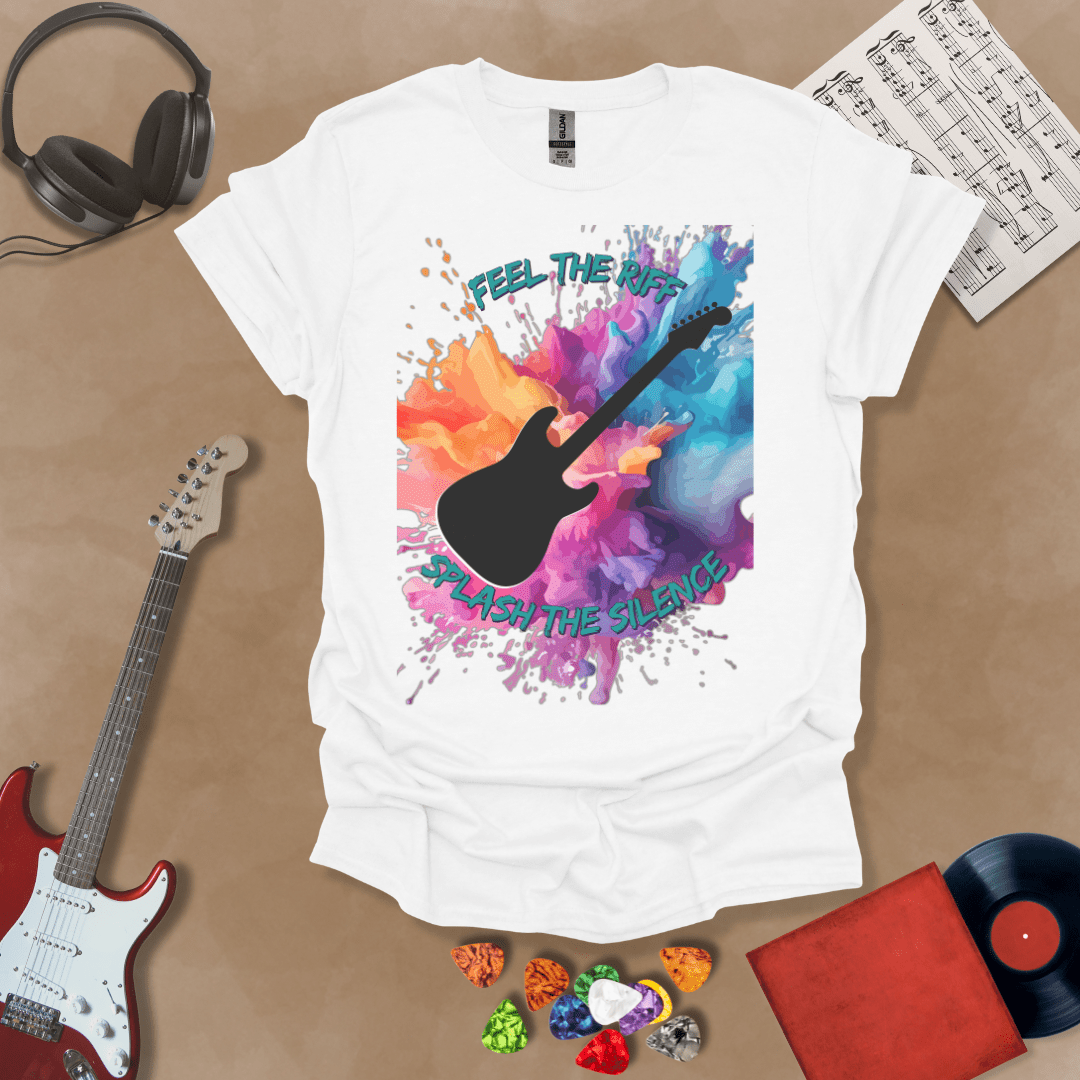 White T-shirt with Bold guitar splash design with black silhouette and colorful paint burst, outlined for contrast. Text reads ‘Feel the Riff, Splash the Silence'.