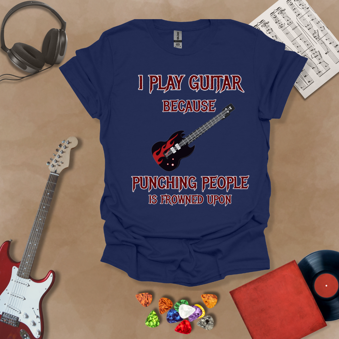 Navy T-shirt with Flame guitar graphic with bold text: “I Play Guitar Because Punching People Is Frowned Upon.”