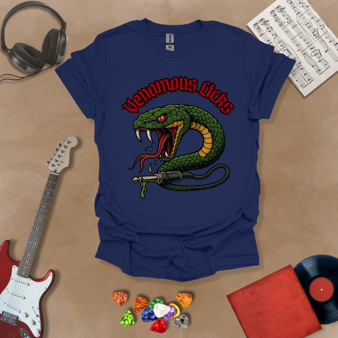 Navy t-shirt with graphic of Green snake striking with fangs bared, wrapped around a guitar cable plug, dripping venom, bold gothic red “Venomous Licks” text above.