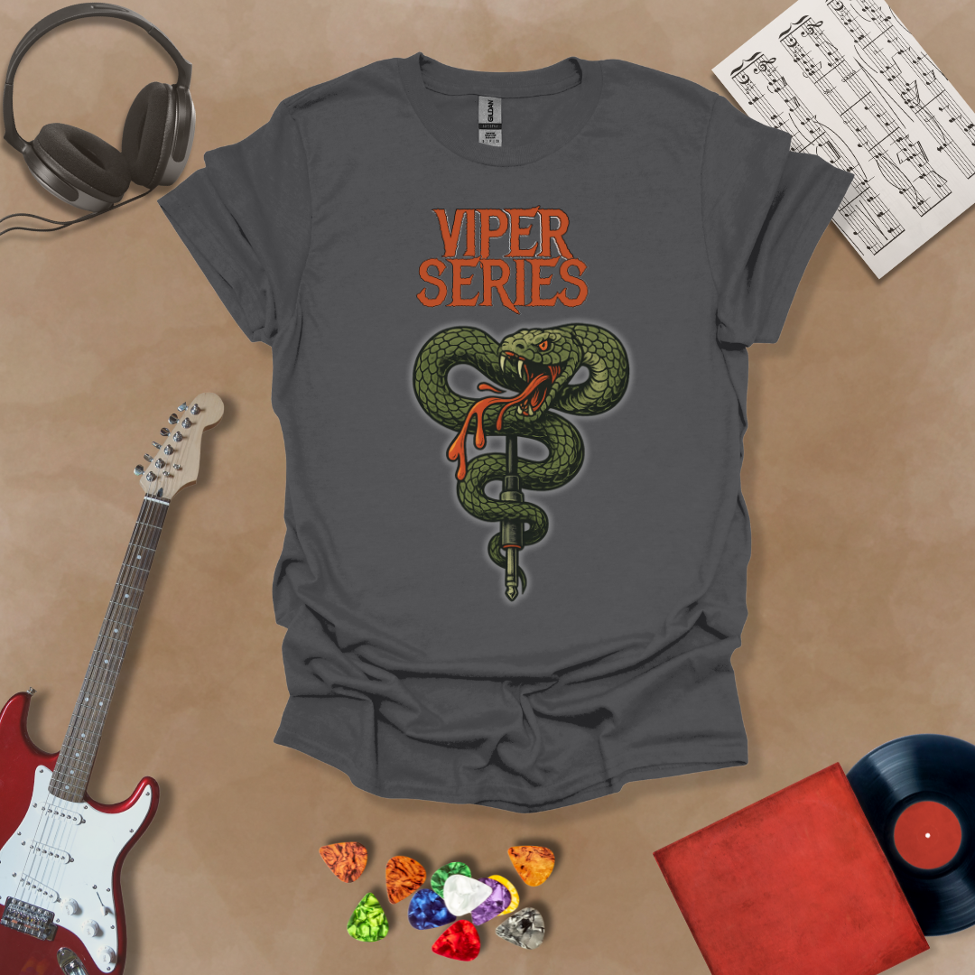 Gray T-shirt with graphic of Coiled green viper wrapped around a guitar cable jack, dripping venom, bold orange “Viper Series” gothic text above.