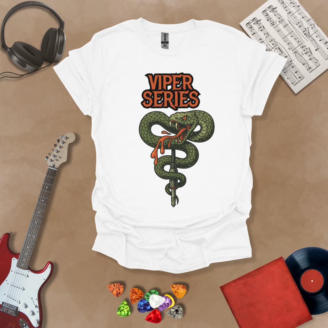 White T-shirt with graphic of Coiled green viper wrapped around a guitar cable jack, dripping venom, bold orange “Viper Series” gothic text above.