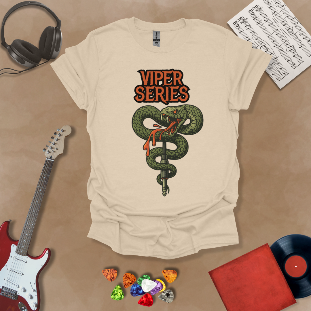 Beige T-shirt with graphic of Coiled green viper wrapped around a guitar cable jack, dripping venom, bold orange “Viper Series” gothic text above.