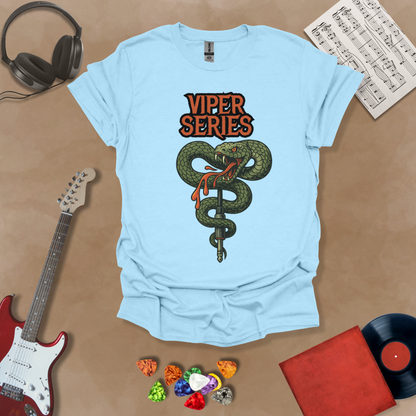 Light blue T-shirt with graphic of Coiled green viper wrapped around a guitar cable jack, dripping venom, bold orange “Viper Series” gothic text above.