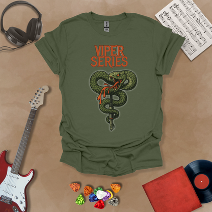 Green T-shirt with graphic of Coiled green viper wrapped around a guitar cable jack, dripping venom, bold orange “Viper Series” gothic text above.