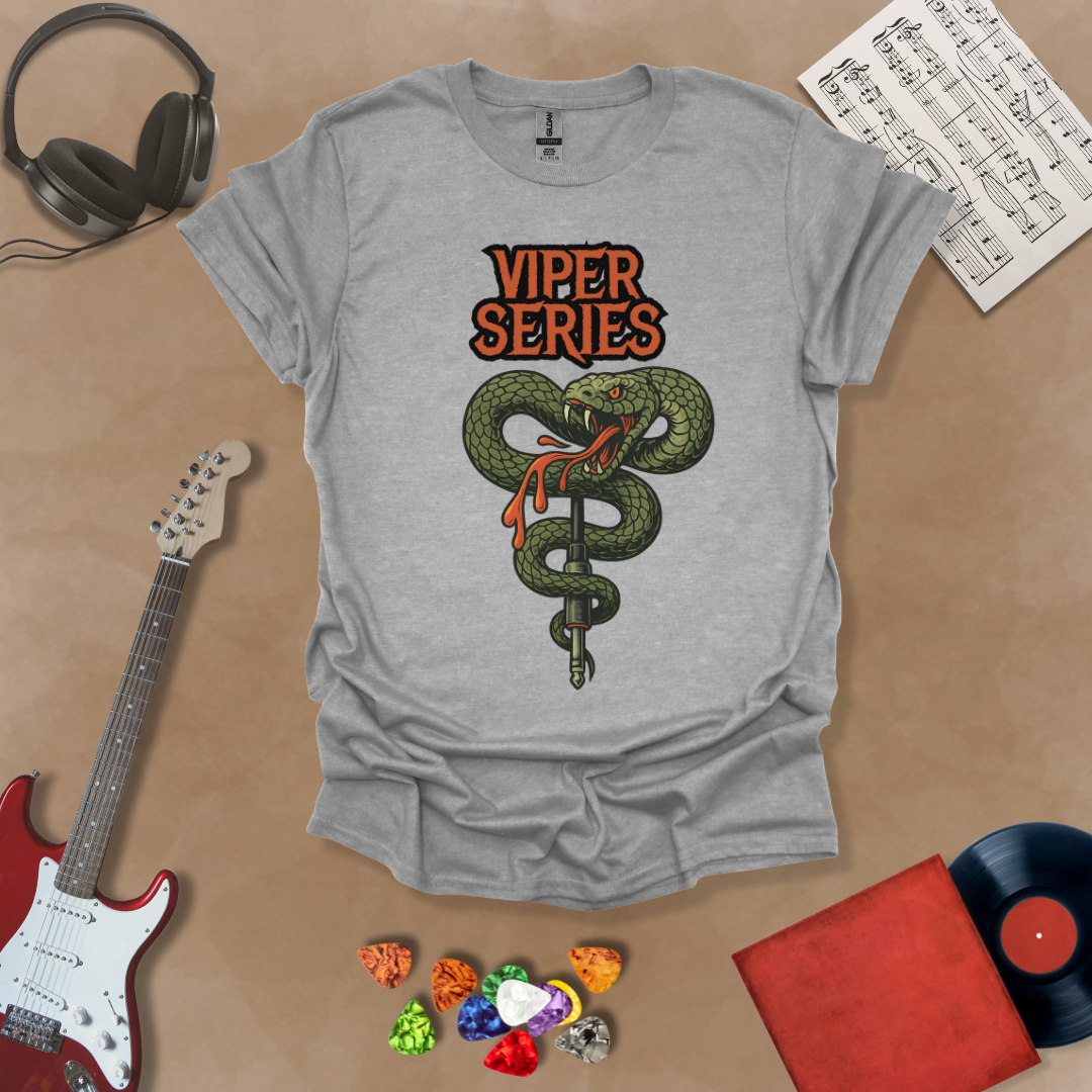 Gray T-shirt with graphic of Coiled green viper wrapped around a guitar cable jack, dripping venom, bold orange “Viper Series” gothic text above.