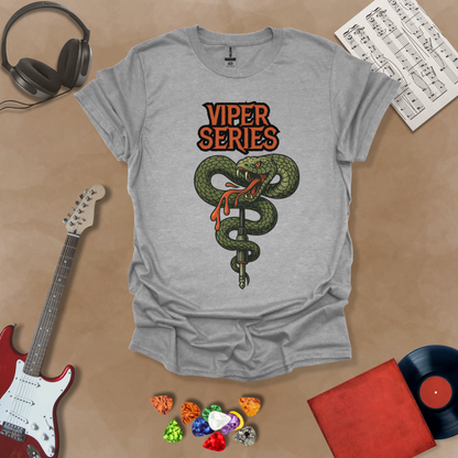 Gray T-shirt with graphic of Coiled green viper wrapped around a guitar cable jack, dripping venom, bold orange “Viper Series” gothic text above.