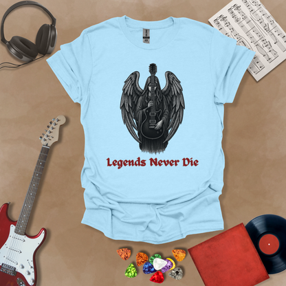 Light Blue guitar inspired T-shirt in the Fallen Angel Collection of Legends Never Die (Reborn) gothic artwork of Angel holding guitar with Bold, Red text of Legends Never Die, a Riff Junkie design