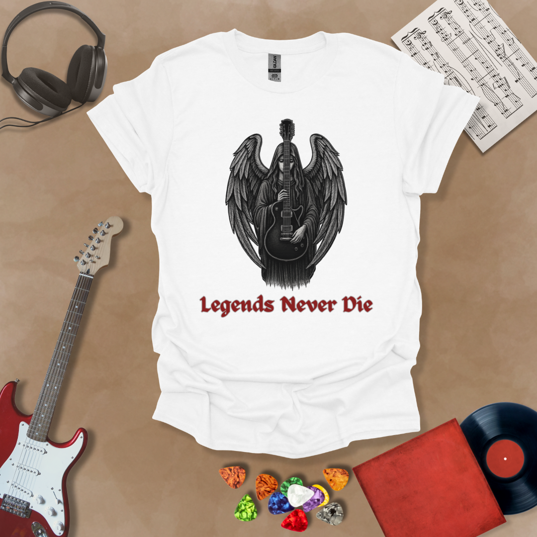 White guitar inspired T-shirt in the Fallen Angel Collection of Legends Never Die (Reborn) gothic artwork of Angel holding guitar with Bold, Red text of Legends Never Die, a Riff Junkie design