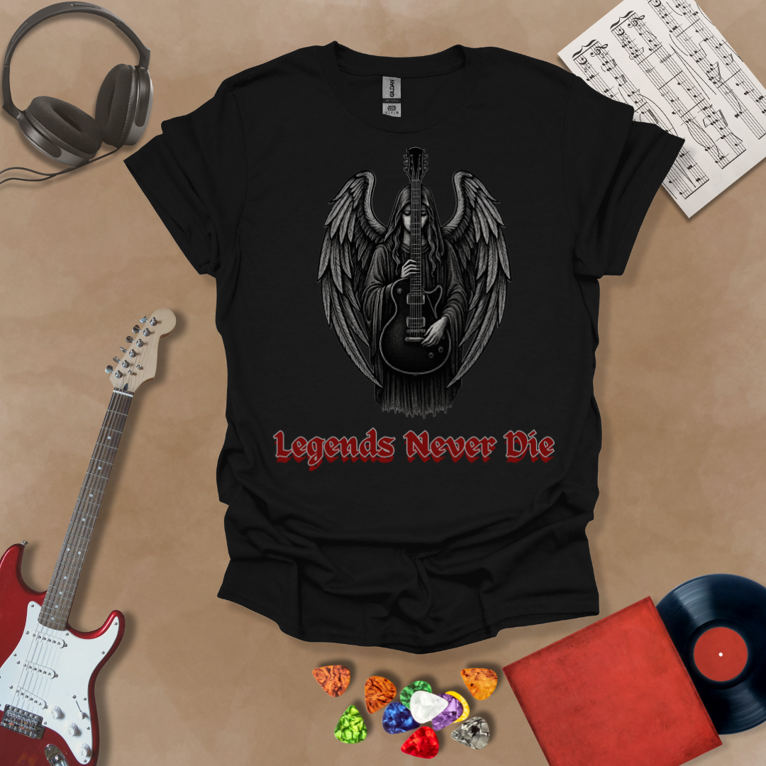 Black guitar inspired T-shirt in the Fallen Angel Collection of Legends Never Die (Reborn) gothic artwork of Angel holding guitar with Bold, Red text of Legends Never Die, a Riff Junkie design