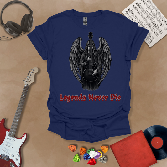 Navy guitar inspired T-shirt in the Fallen Angel Collection of Legends Never Die (Reborn) gothic artwork of Angel holding guitar with Bold, Red text of Legends Never Die, a Riff Junkie design
