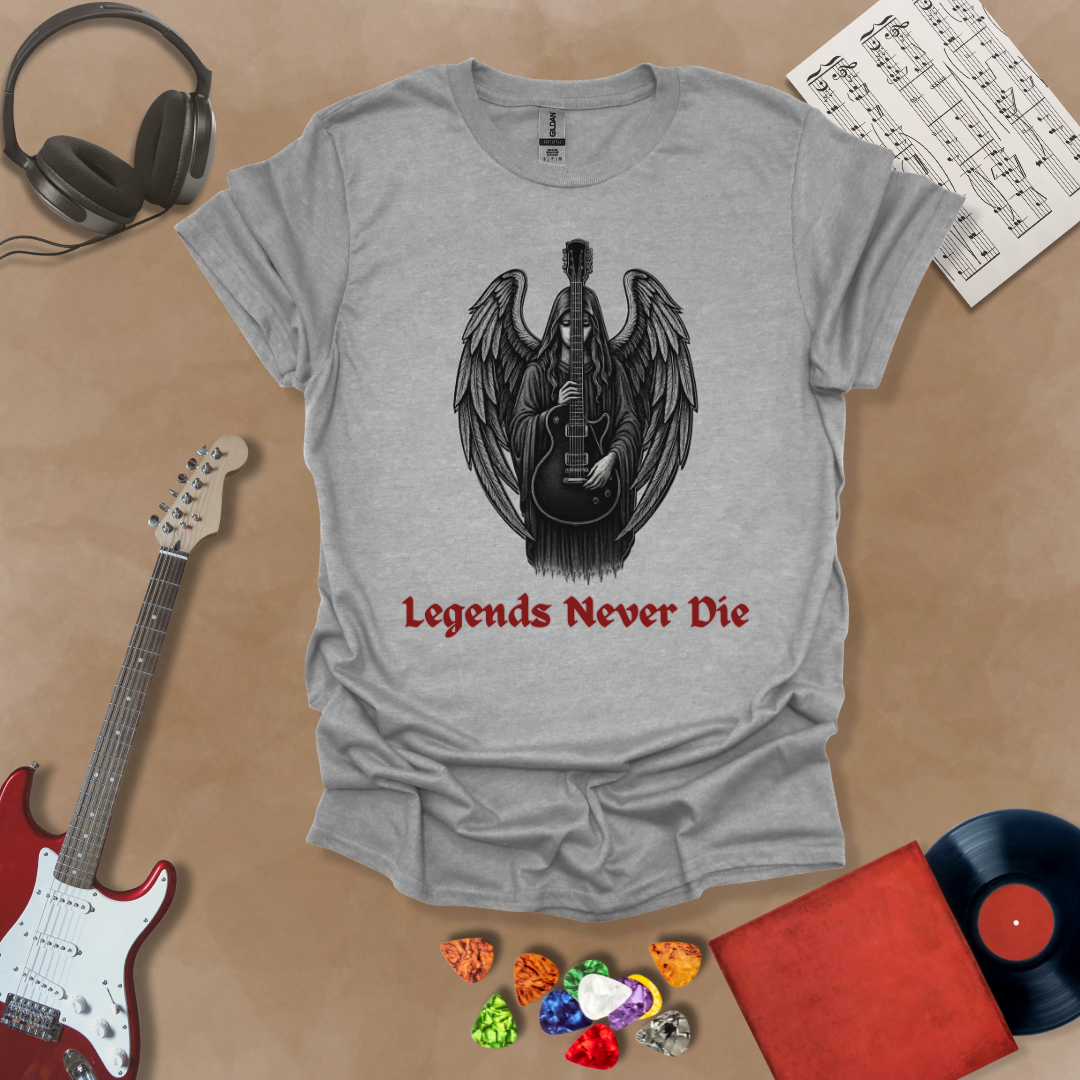 Gray guitar inspired T-shirt in the Fallen Angel Collection of Legends Never Die (Reborn) gothic artwork of Angel holding guitar with Bold, Red text of Legends Never Die, a Riff Junkie design