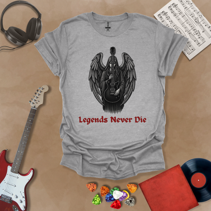 Gray guitar inspired T-shirt in the Fallen Angel Collection of Legends Never Die (Reborn) gothic artwork of Angel holding guitar with Bold, Red text of Legends Never Die, a Riff Junkie design