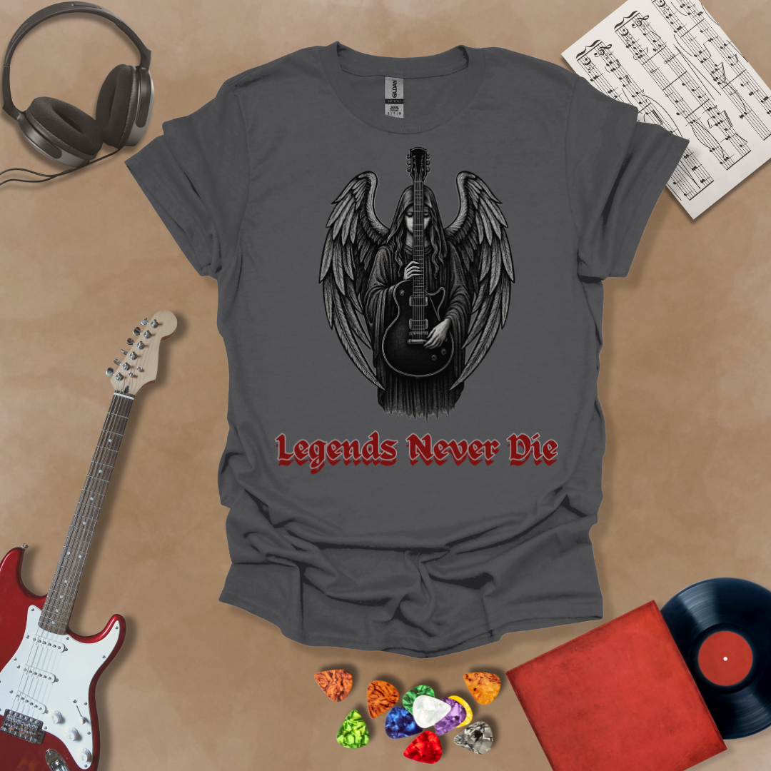 Gray guitar inspired T-shirt in the Fallen Angel Collection of Legends Never Die (Reborn) gothic artwork of Angel holding guitar with Bold, Red text of Legends Never Die, a Riff Junkie design