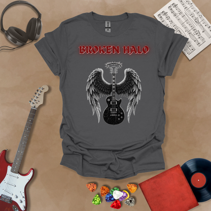 Gray guitar inspired T-Shirt in the Fallen Angel Collection with glowing broken halo and wings with Broken Halo text, a Riff Junkie design