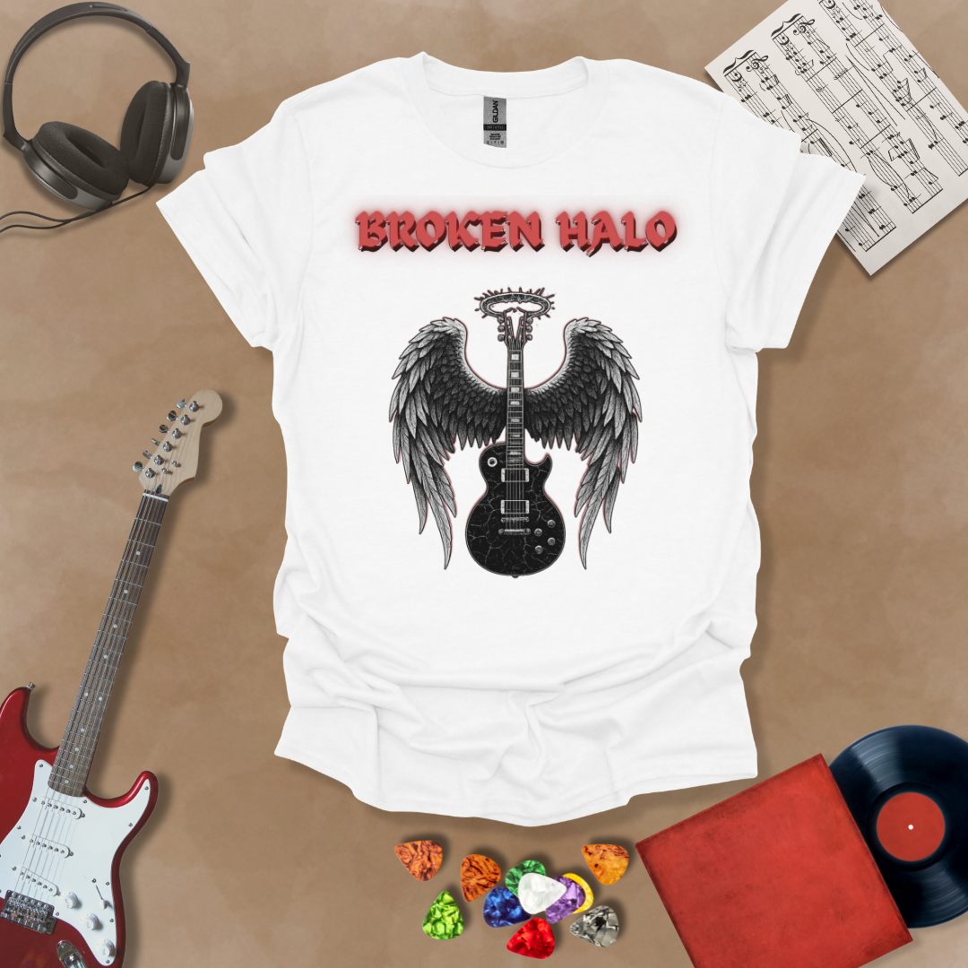 White guitar inspired T-Shirt in the Fallen Angel Collection with glowing broken halo and wings with Broken Halo text, a Riff Junkie design