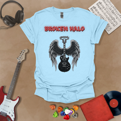 Light blue guitar inspired T-Shirt in the Fallen Angel Collection with glowing broken halo and wings with Broken Halo text, a Riff Junkie design
