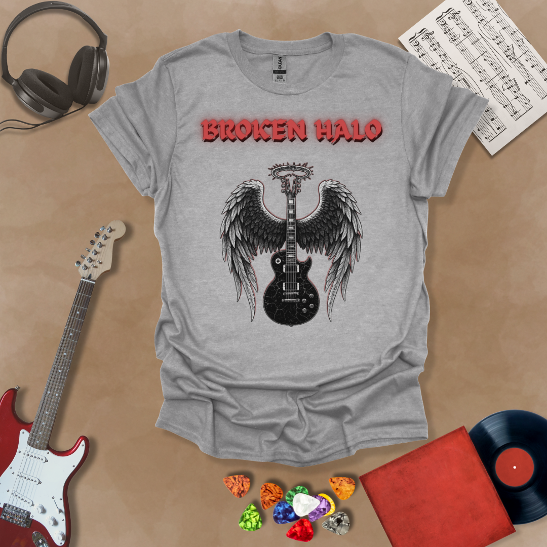 Gray guitar inspired T-Shirt in the Fallen Angel Collection with glowing broken halo and wings with Broken Halo text, a Riff Junkie design