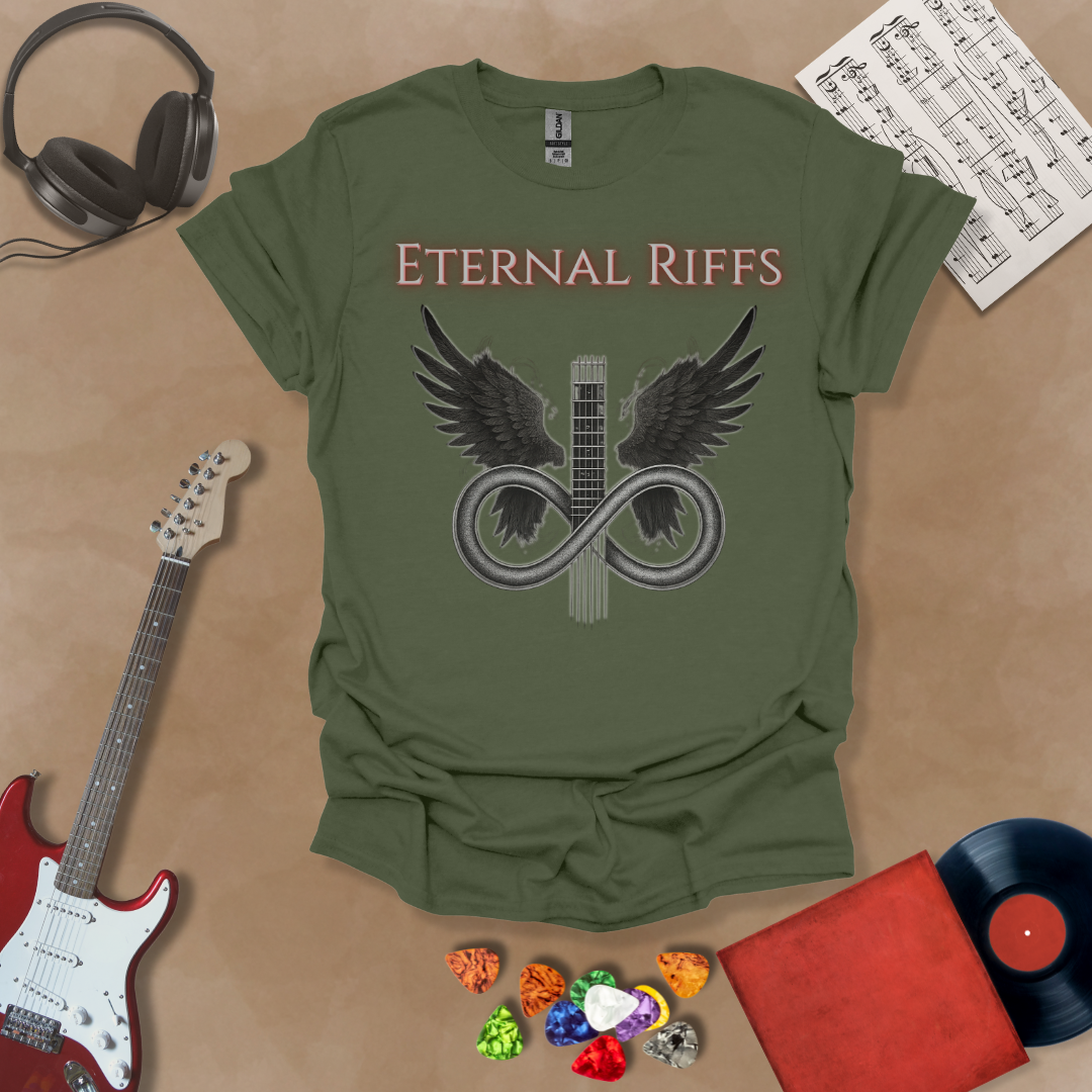 Green guitar inspired t-shirt in the Fallen Angel Collection with angel wings and Eternal Riffs text, dark design by Riff Junkie 
