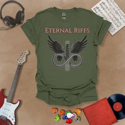 Green guitar inspired t-shirt in the Fallen Angel Collection with angel wings and Eternal Riffs text, dark design by Riff Junkie 