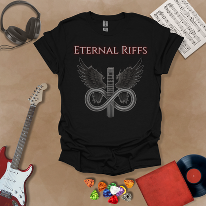 Black guitar inspired t-shirt in the Fallen Angel Collection with angel wings and Eternal Riffs text, dark design by Riff Junkie 
