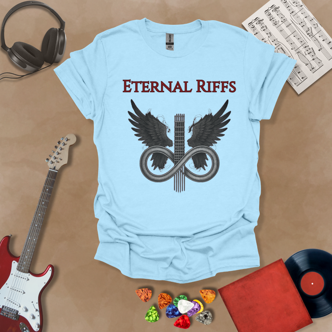 Light blue guitar inspired t-shirt in the Fallen Angel Collection with angel wings and Eternal Riffs text, dark design by Riff Junkie 