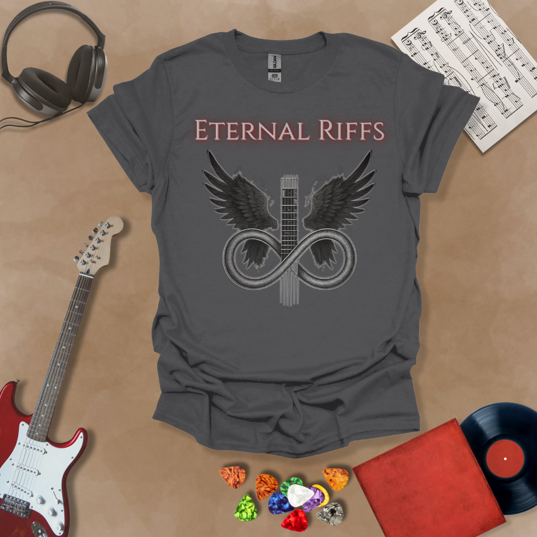Gray guitar inspired t-shirt in the Fallen Angel Collection with angel wings and Eternal Riffs text, dark design by Riff Junkie 