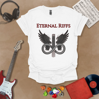 White guitar inspired t-shirt in the Fallen Angel Collection with angel wings and Eternal Riffs text, dark design by Riff Junkie 